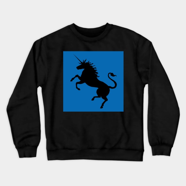 Black Coloured Rearing Scottish Unicorn On Saltire Blue Background Crewneck Sweatshirt by MacPean